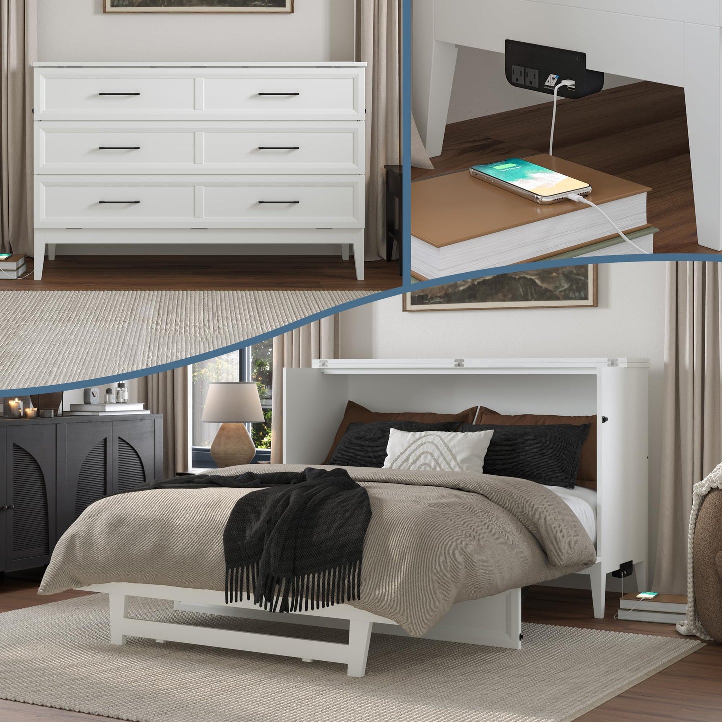 AFI, Santa Fe Queen Murphy Bed Chest with Mattress and Built-in Charger, White