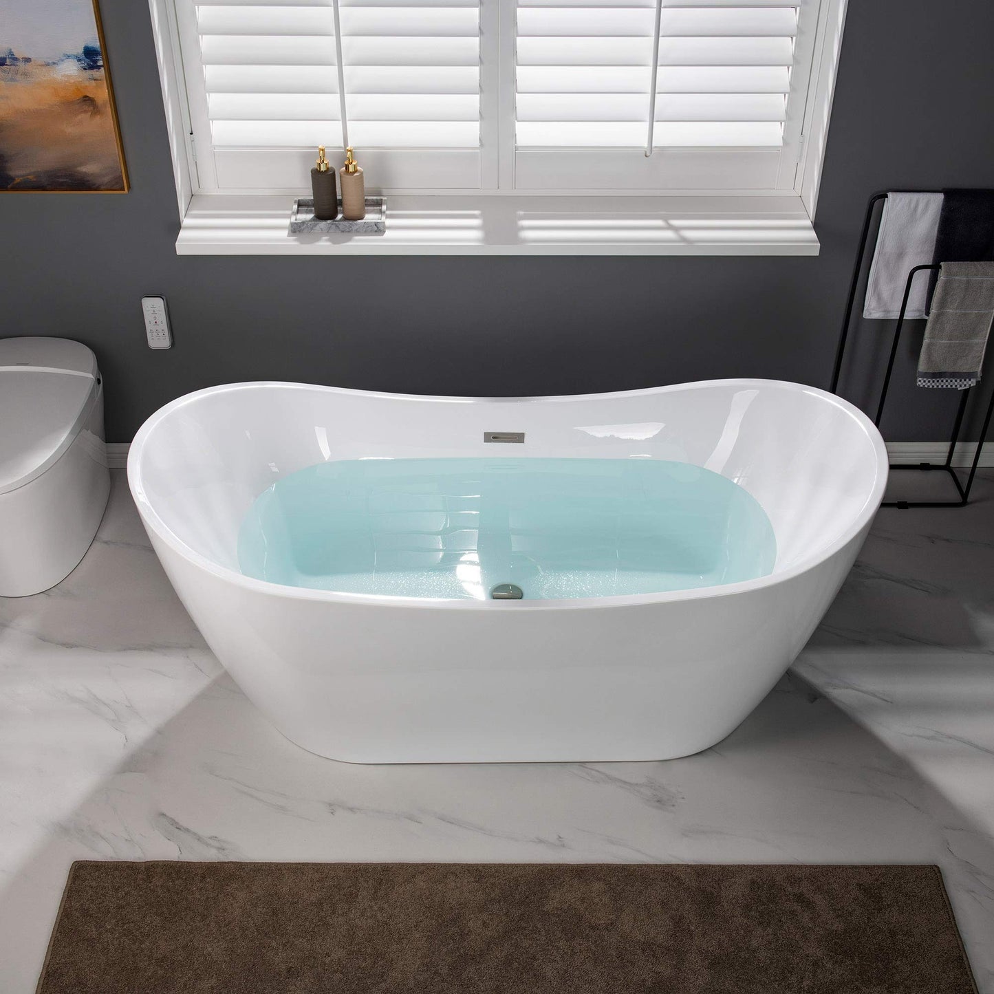WOODBRIDGE 67" Acrylic Freestanding Bathtub Contemporary Soaking Tub, White Acrylic (Brushed Nickel Drain/Overflow) with Pillow