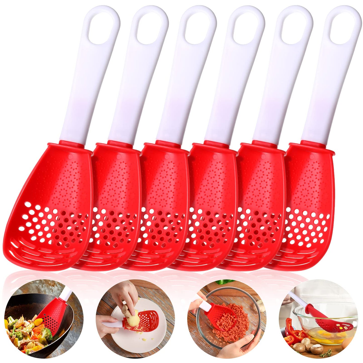 Chengu 6 Pieces Multifunctional Kitchen Cooking Spoon Heat Resistant Kitchen Spoons Colander Skimmer Scoop Egg Yolk Separator Gadgets Strainer for Grating, Draining, Mashing(Red)