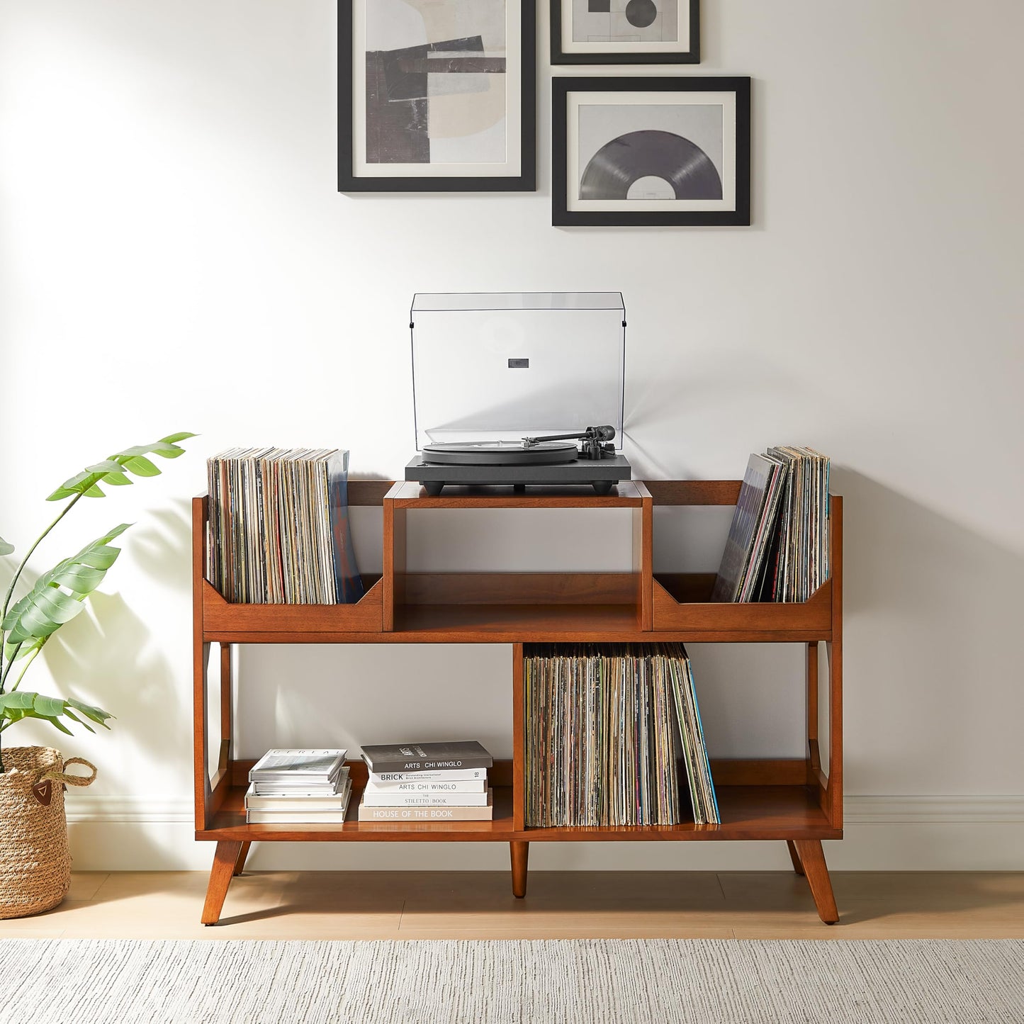 Crosley Furniture Asheville Mid-Century Modern Media Console Record Player Stand, Storage for Vinyl Records, Large, Walnut