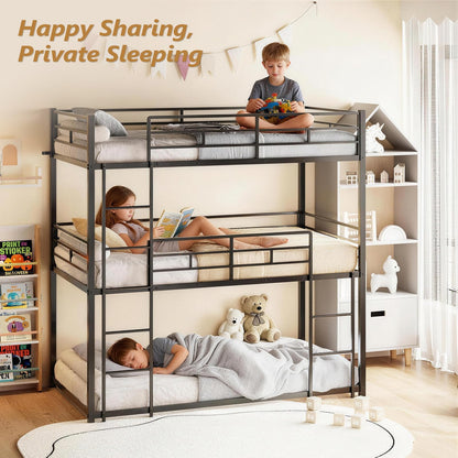 JOYMOR Triple Bunk Bed Twin Over Twin Over Twin, Metal 3 Bunk Bed for Kids, Teens and Adults, Heavy Duty Triple Bed Frame with Safety Guardrail, No Box Spring Needed