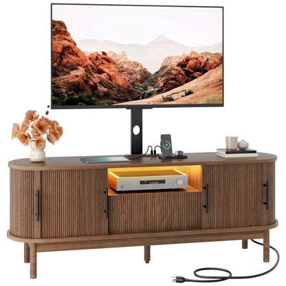 YITAHOME TV Stand with Mount and Power Outlet, Modern Entertainment Center with 3 Height Adjustment TV Mount for 32-70 inch TVs, LED Fluted TV Media Console with Sliding Doors, Curved Profile Design
