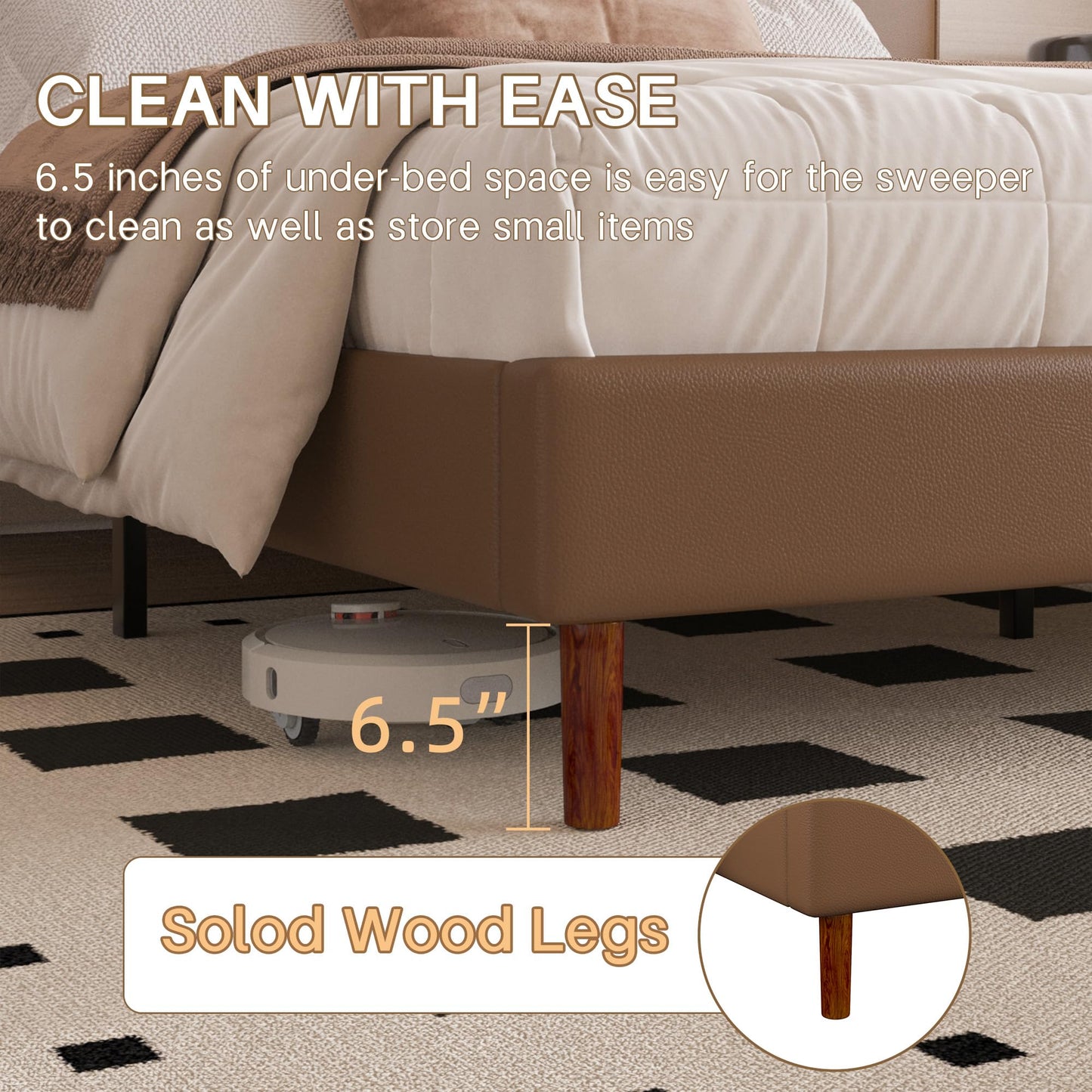 Lcwtvgxr King Size Leather Platform Bed Frame with Adjustable Upholstered Headboard, Solid Wooden Legs, No Box Spring Needed, Easy Assembly, Noise Free, Brown