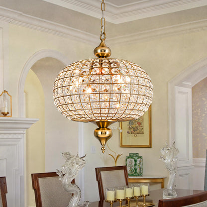HUOKU Gold Crystal Chandelier, 16.5" Modern 4-Light Round Crystal Pendant Light Antique Globe Foyer Chandelier for Dining Room Living Room
