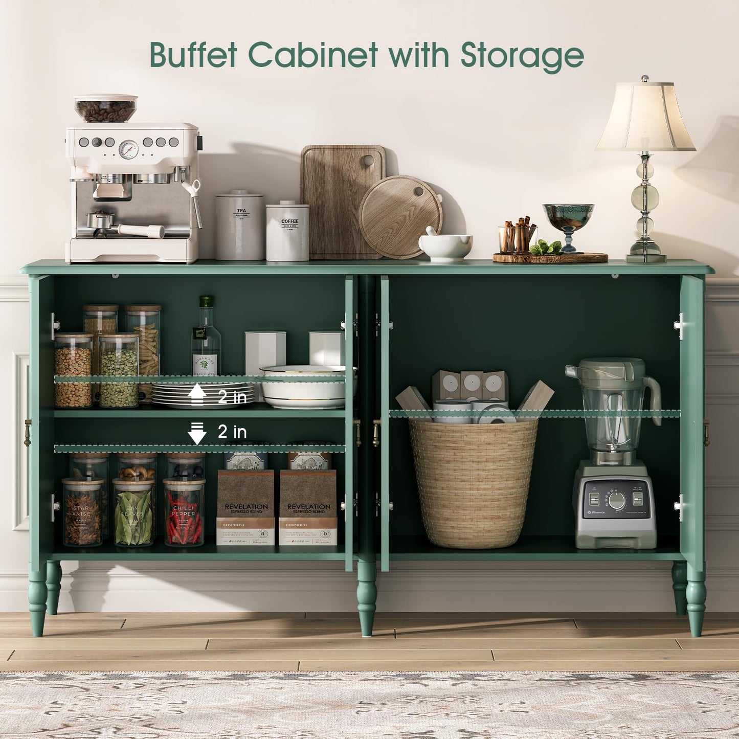 JOINICE 59" Sideboard Buffet Cabinet with Storage,Vintage Credenza with Adjustable Shelves & Solid Wood Legs,Accent Cabinet for Living Room,Dining Room,Kitchen,Bar,Entryway,Hallway,TV Console,Green