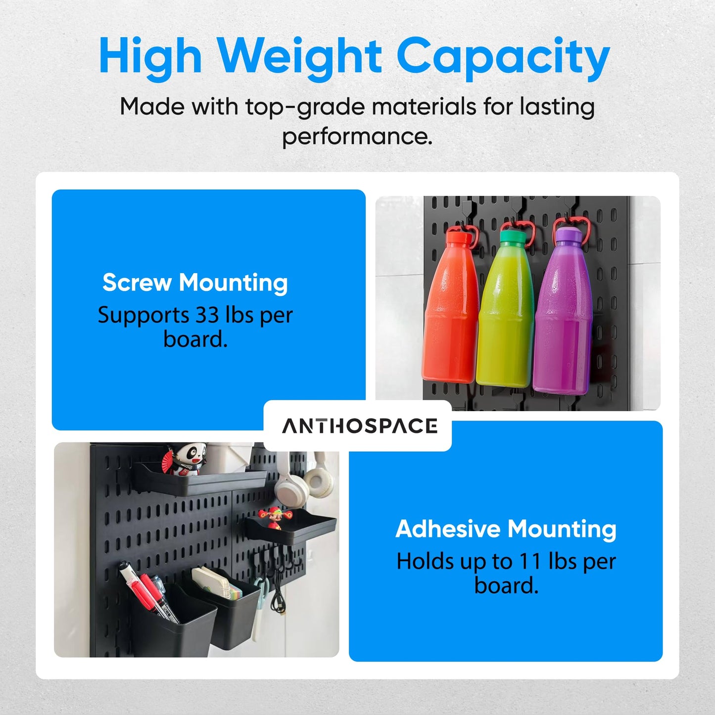 ANTHOSPACE Black Pegboard Organizer Set with Hooks & Storage Boxes, Desk or Wall Peg Board Panels for Tools, Crafts, and Office Supplies – 4 Boards (30×30 cm Each)