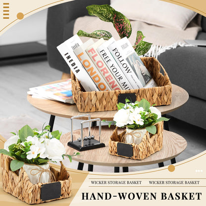 Wonderjune 4 Pcs Water Hyacinth Storage Basket Set Boho Wicker Rattan Pantry Basket with Chalkboard Label Handles Woven Container Kitchen Laundry Large Small for Shelves Food Home Bathroom Decor