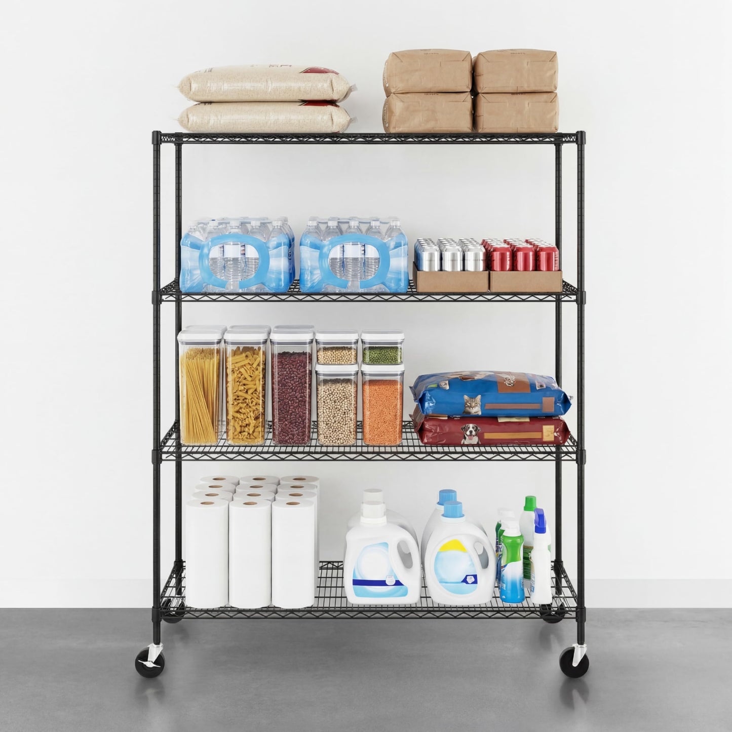 SafeRacks - NSF Certified Storage Shelves, Zinc, Heavy Duty Steel Wire Unit with Wheels and Adjustable Feet, Garage or Bakers Rack, Kitchen, Pantry Shelf - (24"x60"x72" 4-Tier) (Black)