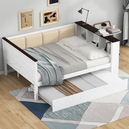 Ball & Cast Daybed with Trundle,Wood Full Size Daybed W/Storage Shelves and Upholstered Backrest & USB,Space Saving,No Box Spring Needed,Bedroom for Student Dorms,White