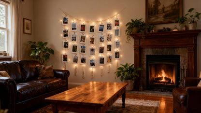 HOZII@FAB Macrame Hanging Photo Display Kit with 30 Cardstock Photo Frames & 5M Timer String Lights - Room Decor for Bedroom/Living Room/Dining Room - Ideal Gifts for Teen Girls & Craft Enthusiasts (Christmas/Birthday/Daily Surprise)