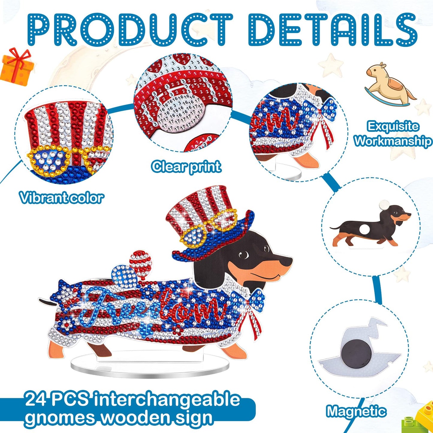 Menkxi 24 Pcs Dachshund Diamond Art Magnets Kit, Interchangeable Weenie Dog DIY Craft for Summer, Seasonal Home Table Decor Gifts