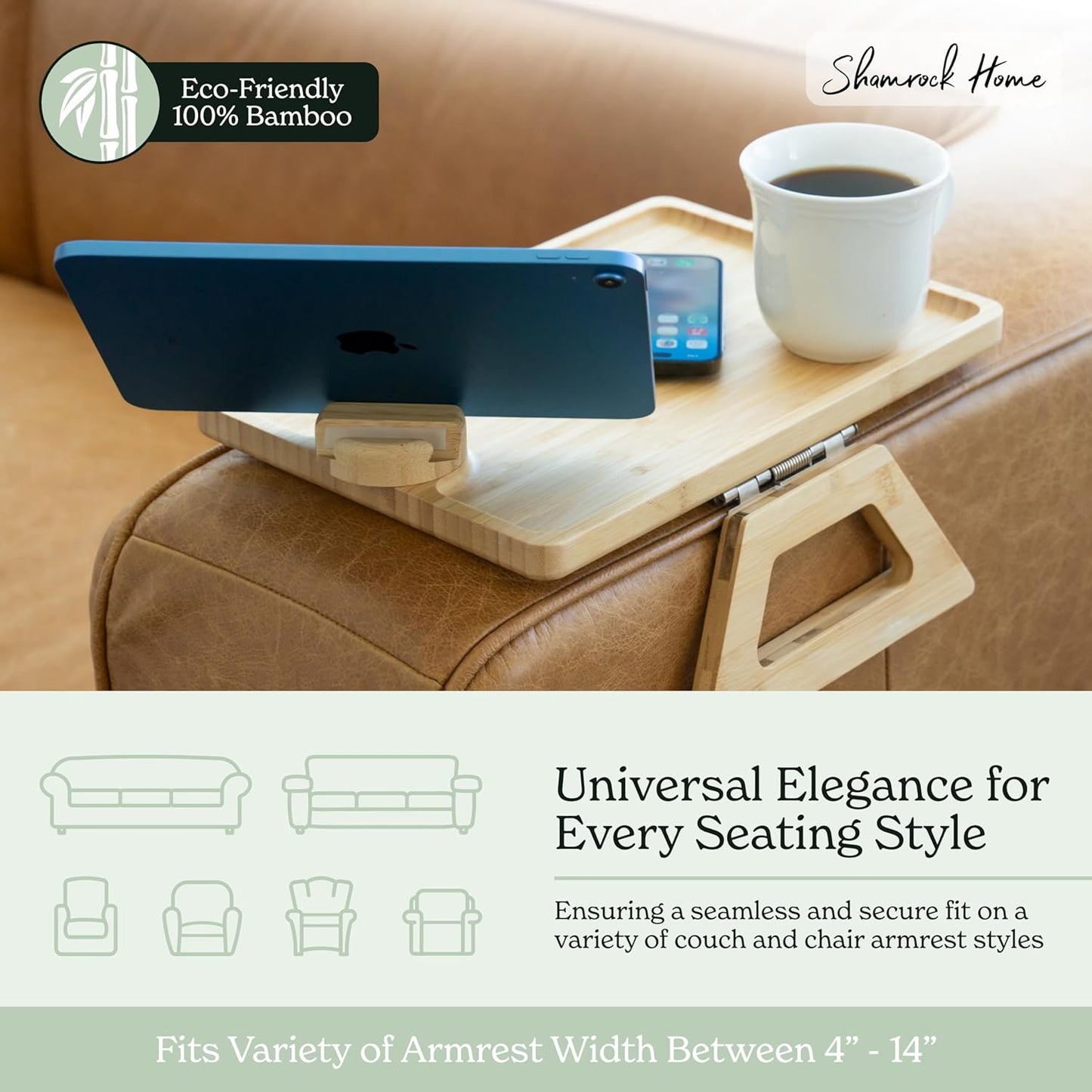 13.75 9.5) Shamrock Home Bamboo Couch Arm Table with Device Holder, Clip On Tray. for TV Dinners, Remotes, Drinks