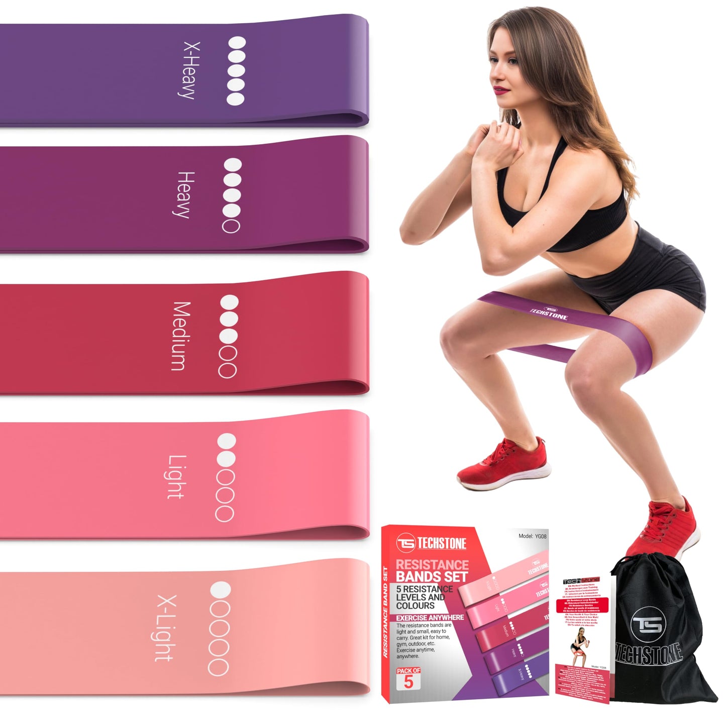 TechStone Resistance Bands Set for Men and Women, Pack of 5 Different Levels Elastic Band for Home Gym Long Exercise Workout – Great Fitness Equipment for Training, Yoga – Free Carrying Bag