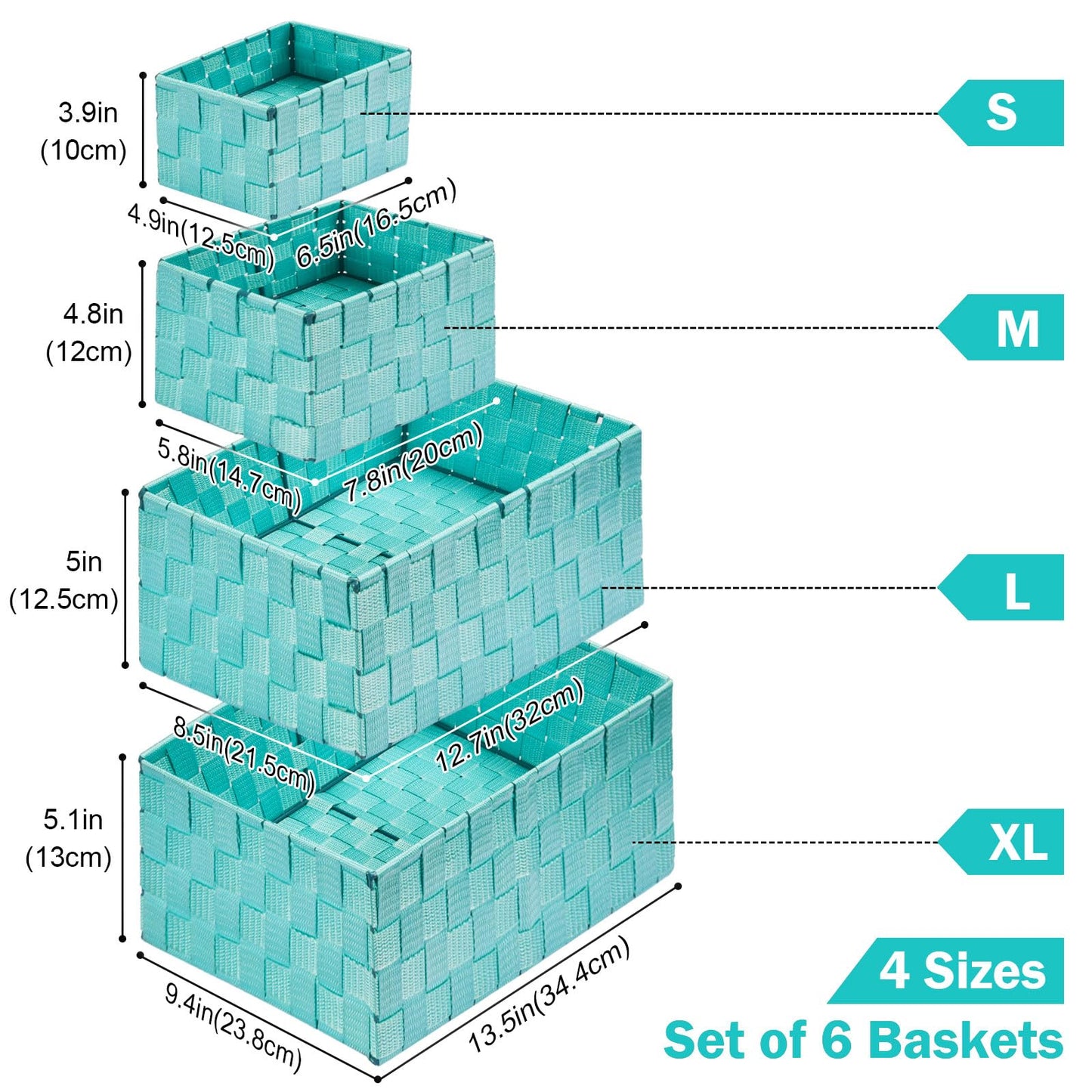 Uvellgift Woven Storage Baskets, Storage Bins, Cube Basket Container Baskets Storage Boxes Organizers for Clothes /Shelves/ Closet, Set of 6 (Aqua)