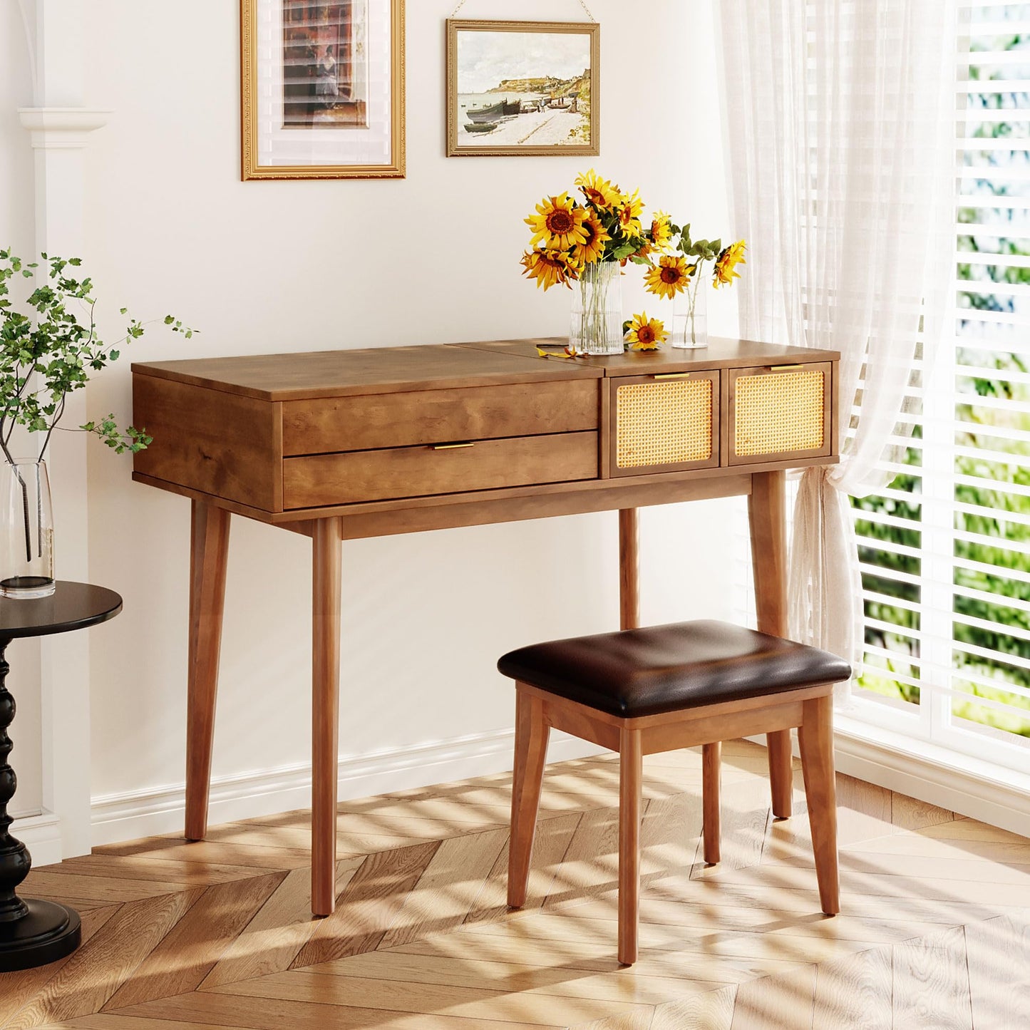 GDFStudio 43.3" Makeup Vanity Set with Flip Top Mirror, Brown Classic Wood Dressing Table with Three Drawers, Upholstered Stool, Hidden Mirror Design, Storage Vanity Furniture for Bedroom