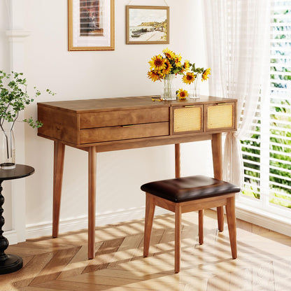 GDFStudio 43.3" Makeup Vanity Set with Flip Top Mirror, Brown Classic Wood Dressing Table with Three Drawers, Upholstered Stool, Hidden Mirror Design, Storage Vanity Furniture for Bedroom