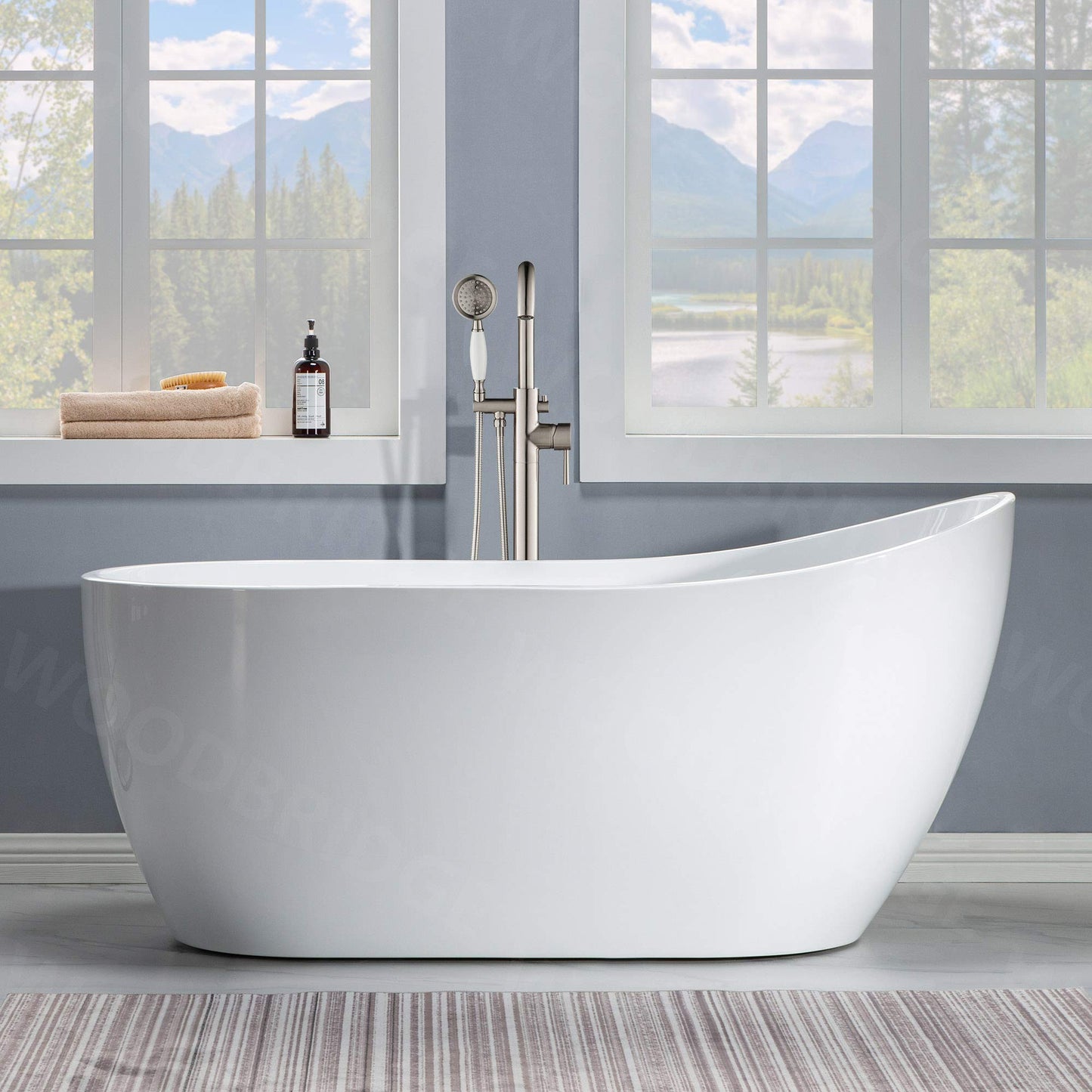 WOODBRIDGE 59" Acrylic Freestanding Bathtub Contemporary Soaking White Tub with Brushed Nickel Overflow and Drain，B-1530 -B/N-Drain &O