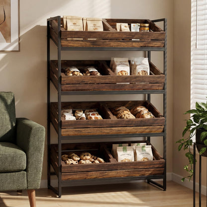 LITTLE TREE 4-Tier Extra Long Stand Basket Rack for Fruit and Vegetable Storage, MDF Retail Display Rack with Metal Frame, Snack Shelf, for Kitchen, Living Room, Supermarket (Brown + Black)