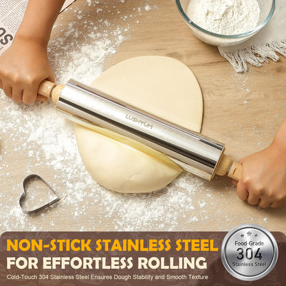 LUSHYUM Adjustable Rolling Pin with Thickness Rings 304 Stainless Steel Dough Roller with Dual-Purpose Stand Detachable Handles for Pizza Cookies Fondant Non Stick Metal Kitchen Tool Gift for Bakers