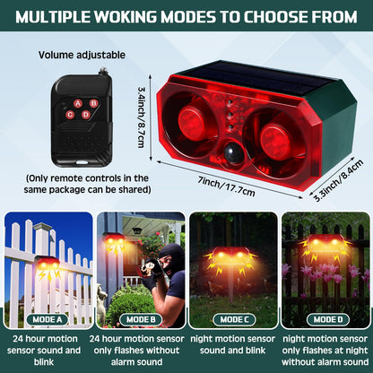 Qualirey 4 Pcs Solar Outdoor Motion Sensor Alarm with Stake Animal Deterrent Dog Barking Sensor 13 Sound 130db Loud Noise Maker 4 Mode with USB Remote Control Support Recording Volume Adjustment