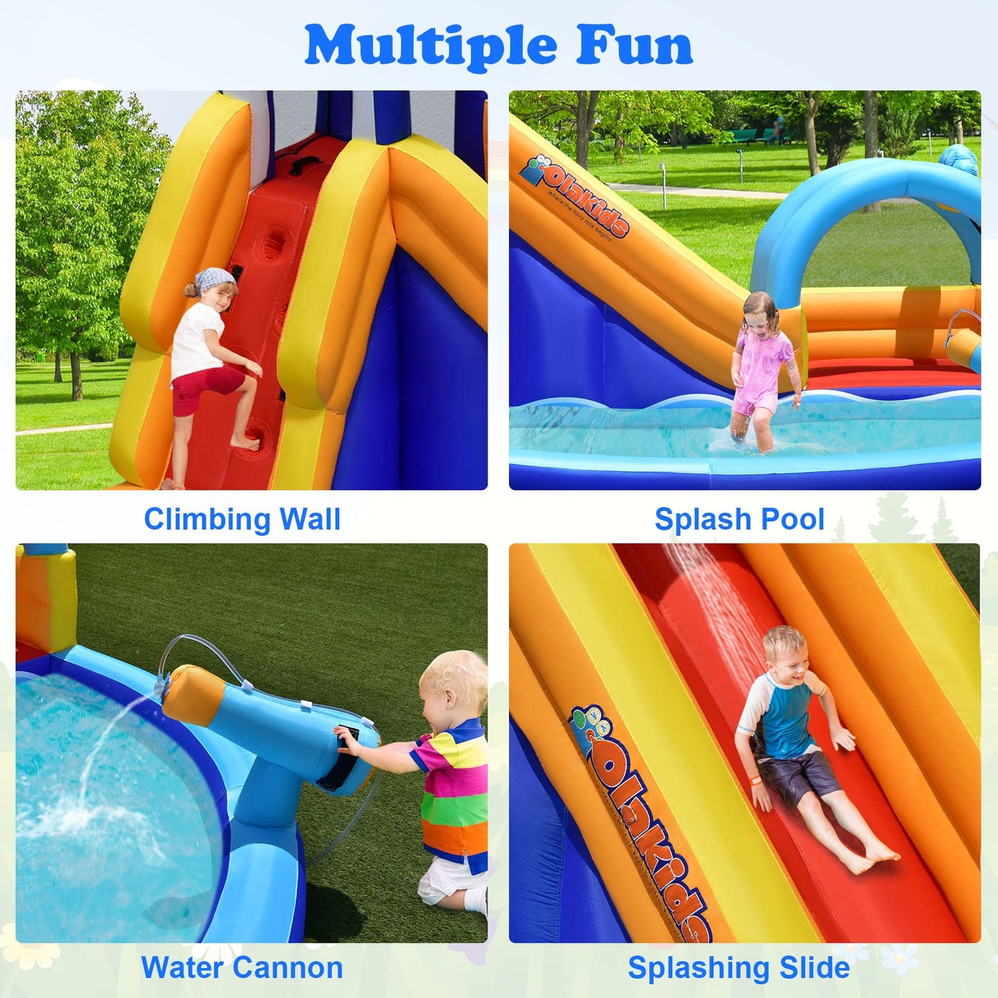 OLAKIDS Inflatable Water Slides, 14FT x 10FT x 8.5FT Shark Theme Bouncy House with Slide, Splash Pool, Climbing Wall, Water Gun, Outdoor Jumping Castle with Hose Carry Bag Stakes