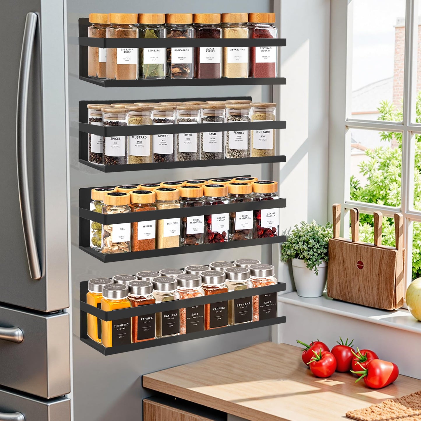 SMRCAD Magnetic Spice Rack for Refrigerator, 4pack Magnetic Shelf for Fridge Space Saving Seasoning Organizer for Any Metal Surface No Drilling Needed (BLACK -cut out, 4pack)
