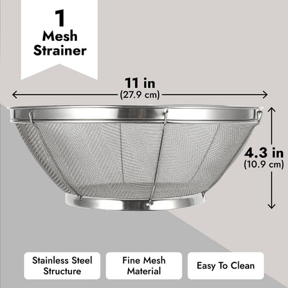 Juvale Stainless Steel Fine Mesh Strainer - Durable Rust-Resistant Mesh Colander - Ergonomic Handle Rice Colander - Ultra-Fine Flour Sifter - Dishwasher Safe with Stable Design - 11 in x 4 in, Silver
