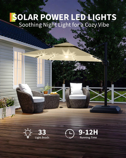 ActiveTrail 10ft Cantilever Patio Umbrella with Solar Lights & Base Included, 360° Rotation, Easy Crank Tilt, UV50+ Outdoor Umbrella—LED Lighting, Wind Vent, Offset Shade for Deck, Pool, or Backyard