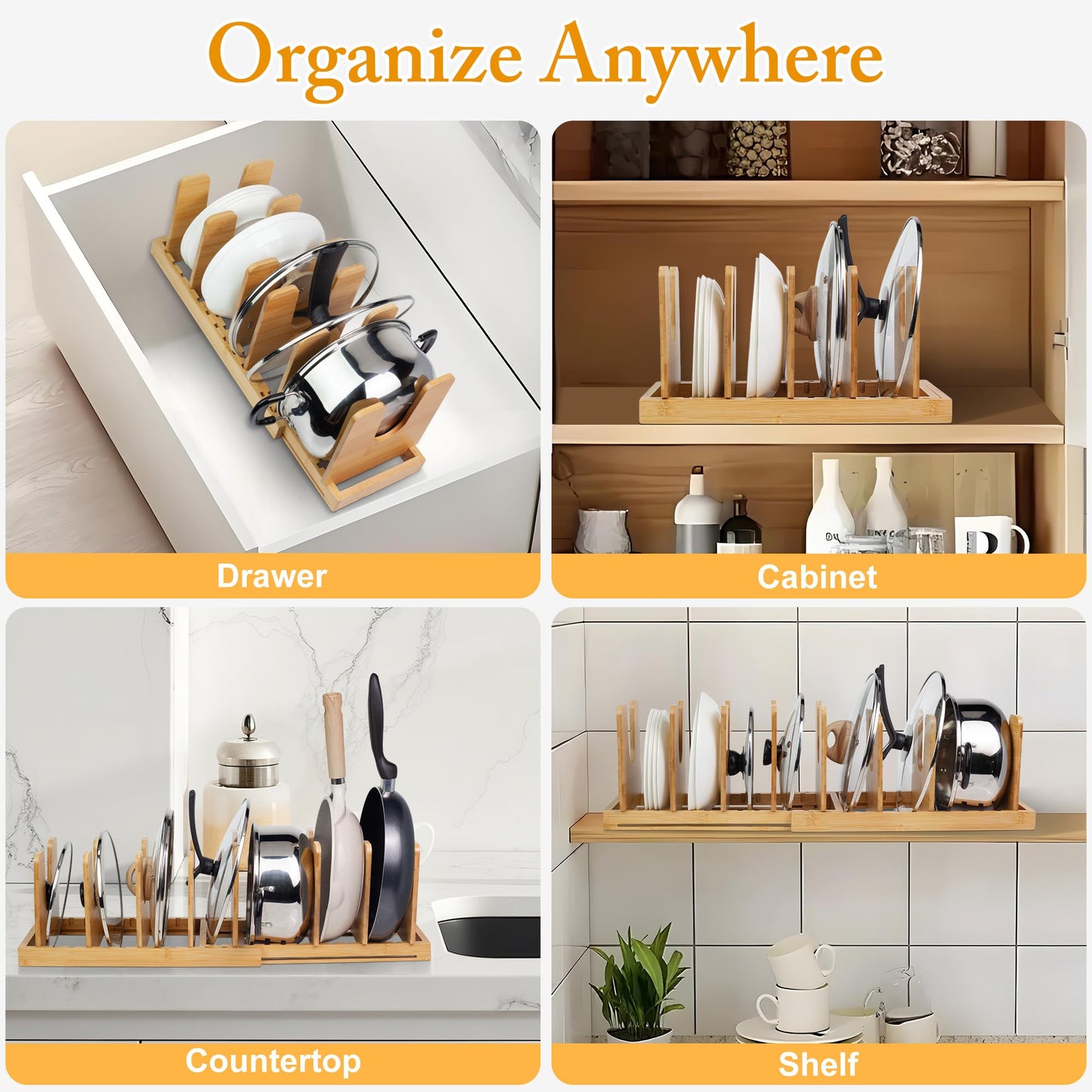 MinBoo Bamboo Expandable Pot Lid Organizer, Pot and Pan Organizer Drawer Organizer for Pot Lids, Adjustable 10 U-Shaped Dividers for Kitchen Cabinet Organizers and Storage (Bamboo-1)