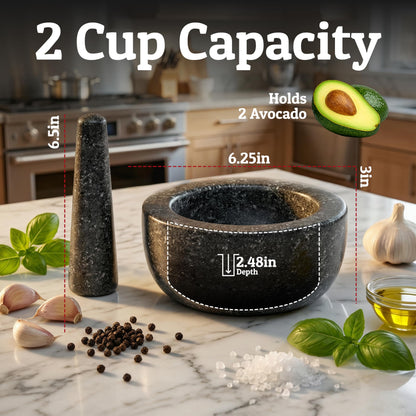 Priority Chef Heavy Duty Large 2 Cup Mortar and Pestle Set,100% Granite, Non Slip Base, Make Fresh Guacamole, Salsa, Pesto, Stone Grinder Bowl, Herb Crusher, Spice Grinder, 6.3 Inch Size, Black