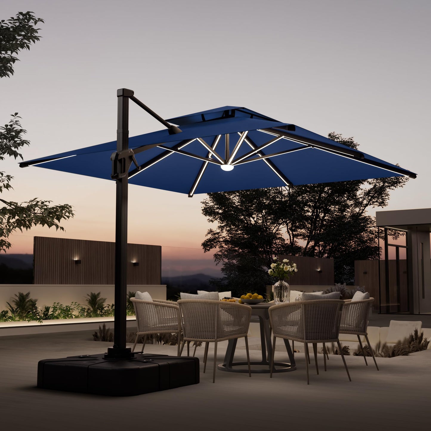 Deconk 10x10 FT Cantilever Patio Umbrella with Led Lights Double Top Outdoor Square Heavy Duty Offset Umbrellas 360°Rotation Free-motion Track Tilt Windproof for Pool Deck Garden, Navy