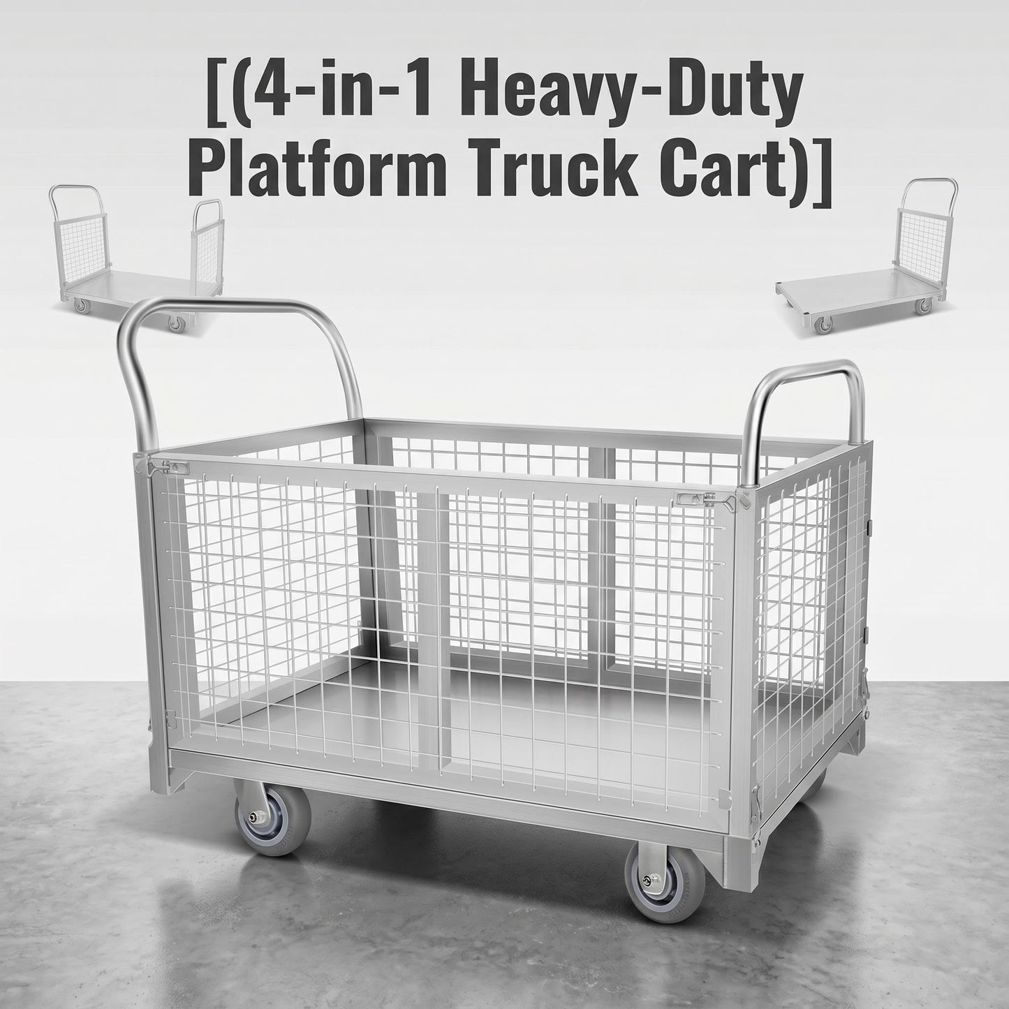 Platform cart, with cage, 4-in-1 Multi-Purpose Rolling Heavy-Duty cart, Rollable Folding cart, Load Capacity 2200 pounds, pushcart with 4 Wheels, Used in Grocery Stores,garages, Warehouses (Silver)