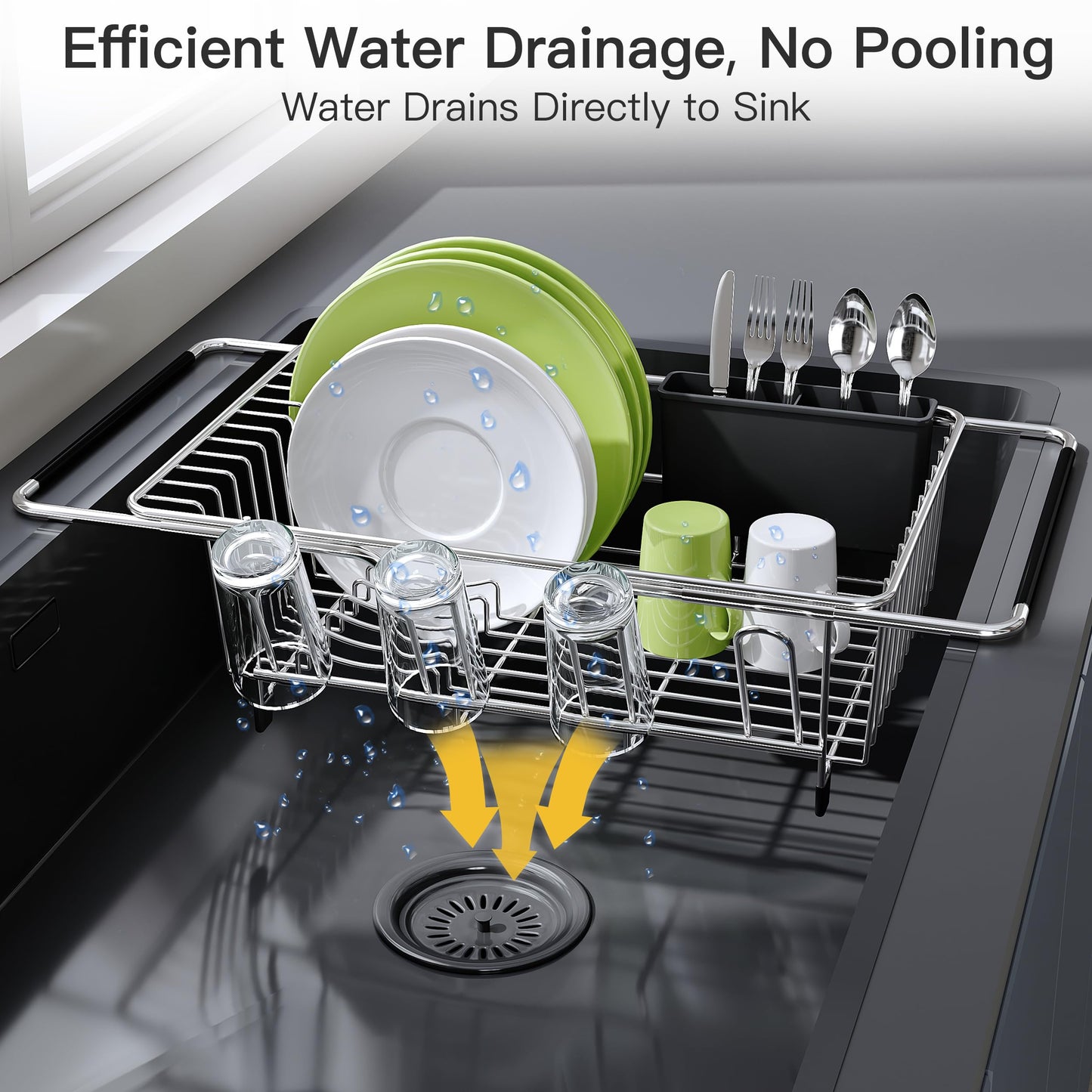 JASIWAY Dish Drying Rack in Sink, Expandable Stainless Steel Dish Drainers for Kitchen Counter, Dish Dryer Rack for Inside Sink, Over The Sink Dish Racks with Utensil Holder, Silver
