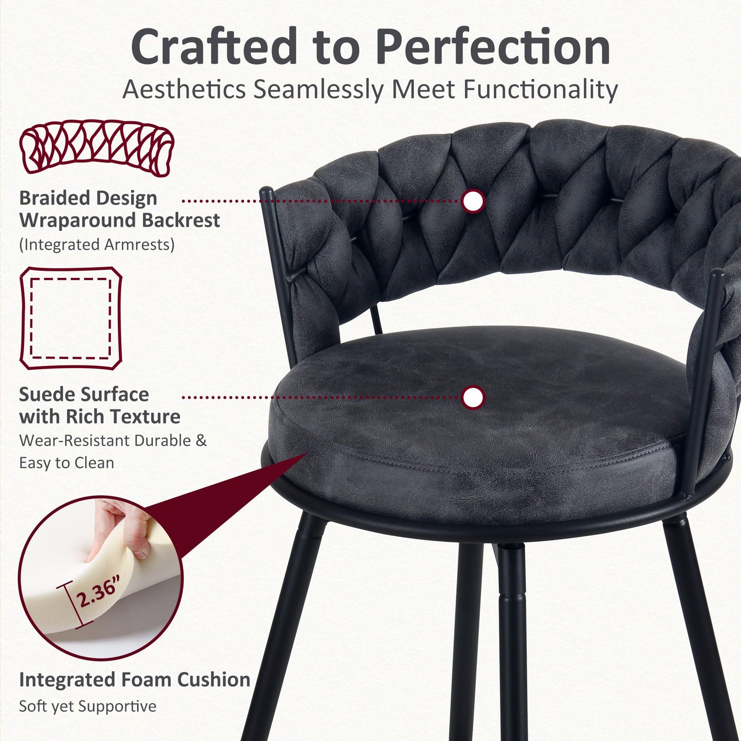 YOUNIKE Bar Stools Set of 2, 28.7 inch Seat Height Bar Chairs, 360° Swivel Counter Height Barstools with Woven Back and Armrest, Upholstered Suede Fabric Counter Stools for Kitchen Island, Pub, Grey