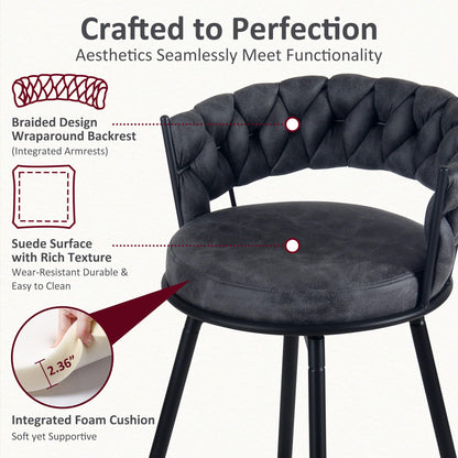 YOUNIKE Bar Stools Set of 2, 28.7 inch Seat Height Bar Chairs, 360° Swivel Counter Height Barstools with Woven Back and Armrest, Upholstered Suede Fabric Counter Stools for Kitchen Island, Pub, Grey
