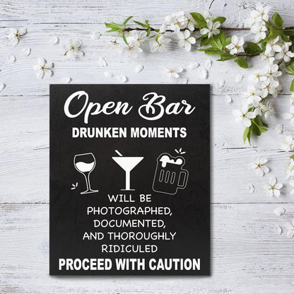 JennyGems Open Bar Hanging Wood Sign | Funny Wedding Reception Decor, Drunken Moments Will Be Photographed