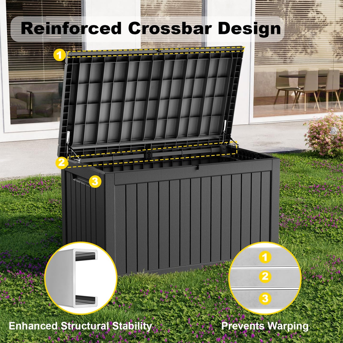 KFY 280 Gallon Waterproof Outdoor Storage Box, UV Resistant Resin Deck Box with Hydraulic Rod for Reinforced Stability, Perfect for Patio, Garden, and Pool（Black，280 Gallon）