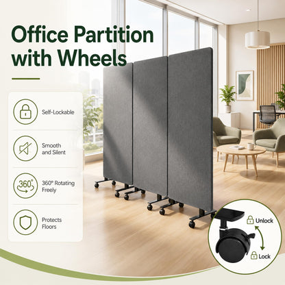 Room Divider with Wheels 72x66 Inch, 3 Panel Folding Privacy Screen, Portable Sound Proof Partition Wall for Office Studio School Hospital, Freestanding Temporary Wall on Casters, Dark Grey