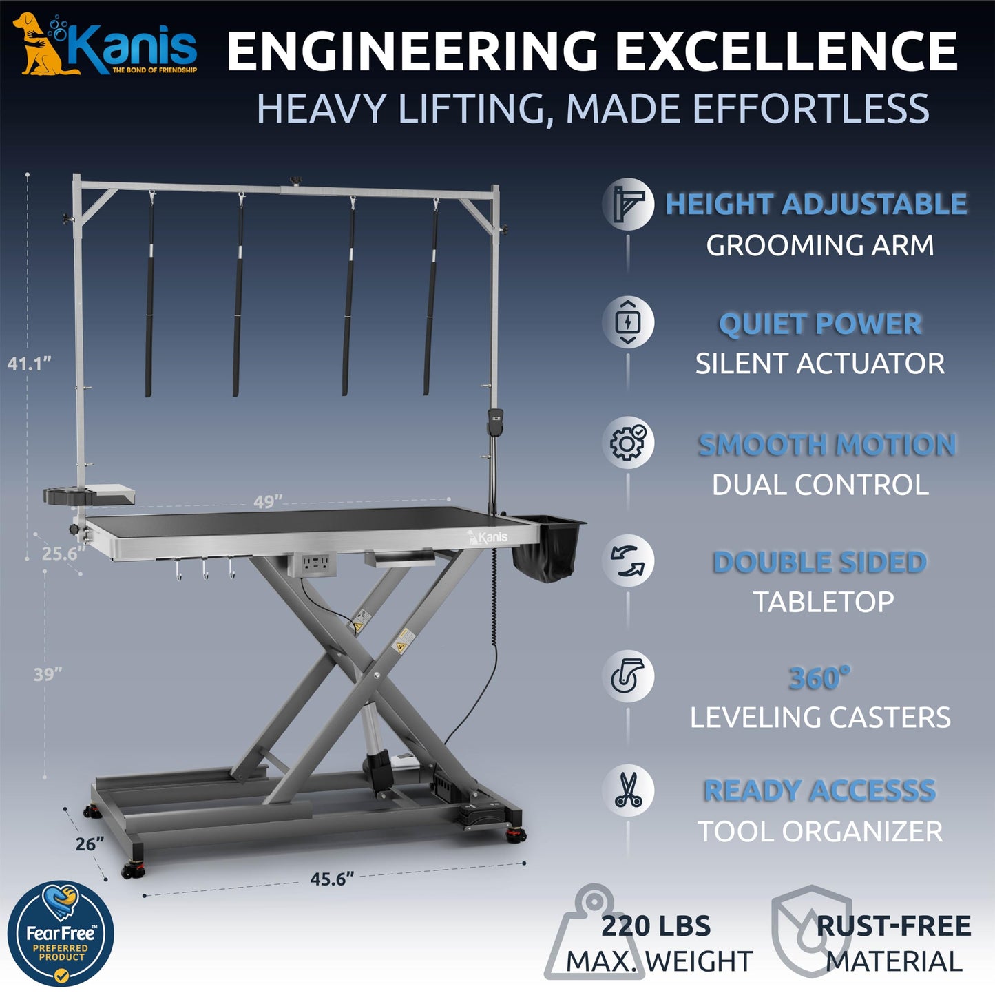 KANIS Professional Electric Dog Grooming Table - Heavy Duty, Height Adjustable Pet Grooming Table w/Leveling Wheels, Dog Grooming Arm, Anti-Slip Tabletop & Tool Organizer (Grey, 49")