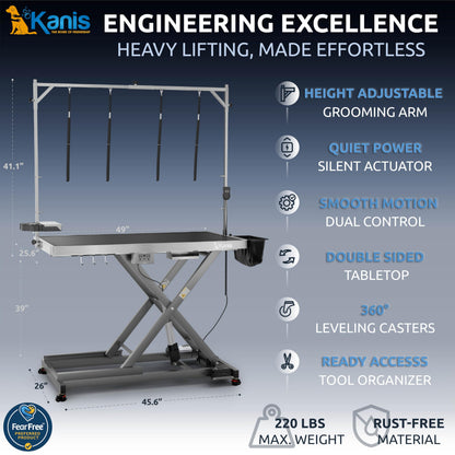 KANIS Professional Electric Dog Grooming Table - Heavy Duty, Height Adjustable Pet Grooming Table w/Leveling Wheels, Dog Grooming Arm, Anti-Slip Tabletop & Tool Organizer (Grey, 49")