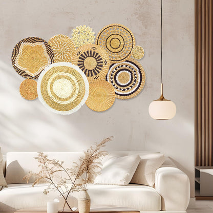 10 Pack Boho Wall Decor, 15 Inch Wall Basket Decor Round Handmade Hanging, Rattan Woven Round Wall Art for Living Room, Rustic Flat Elegant, Farmhouse, Bedrooms, Table Settings, Kitchen, Home