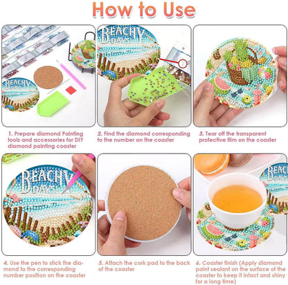 8 PCS Diamond Art Coasters Kits Beach Diamond Painting Coaster Kits Diamond Coasters with Holder Cork Pads Gem Art Dots Paintings Crafts Supplies for Adults Beginners