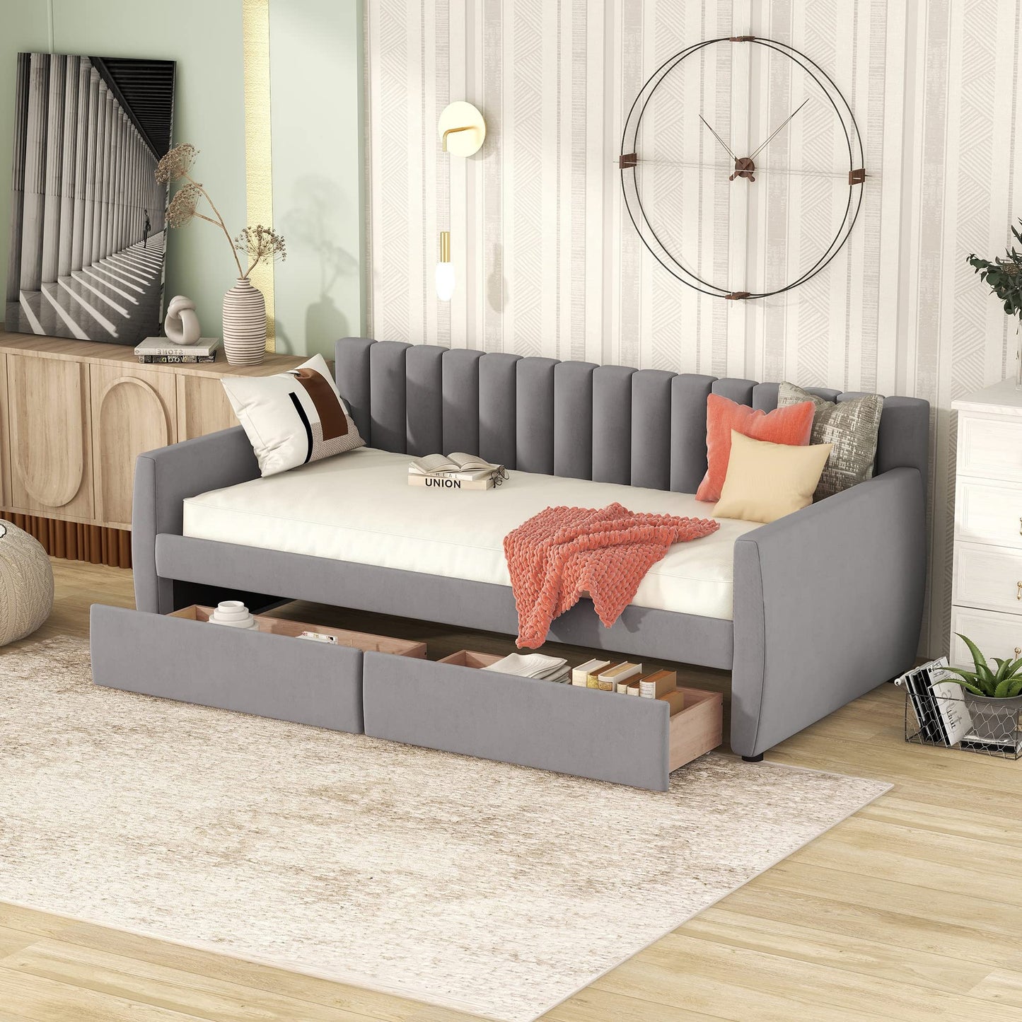 Merax Upholstered Daybed with 2 Drawers, Twin Size Bed Frame with Storage and Wood Slat Support, Gray