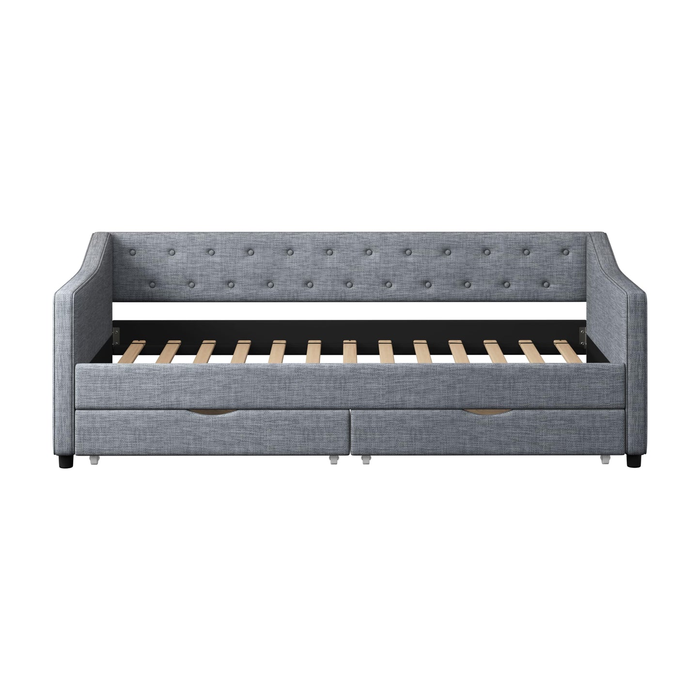 FAVSH Twin Size Daybed with Drawers,Linen Fabric Day beds w/Storage & Button on Back and Piping on Waved Shape Arms,Upholstered Tufted Sofa Bed for Living Room, Bedroom, and Guest Room,Light Grey