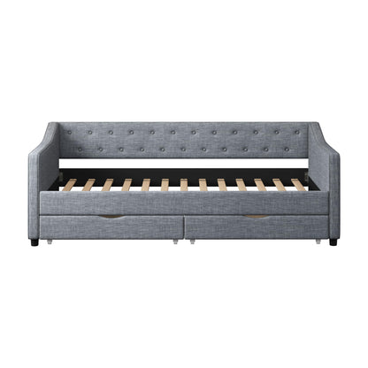 FAVSH Twin Size Daybed with Drawers,Linen Fabric Day beds w/Storage & Button on Back and Piping on Waved Shape Arms,Upholstered Tufted Sofa Bed for Living Room, Bedroom, and Guest Room,Light Grey