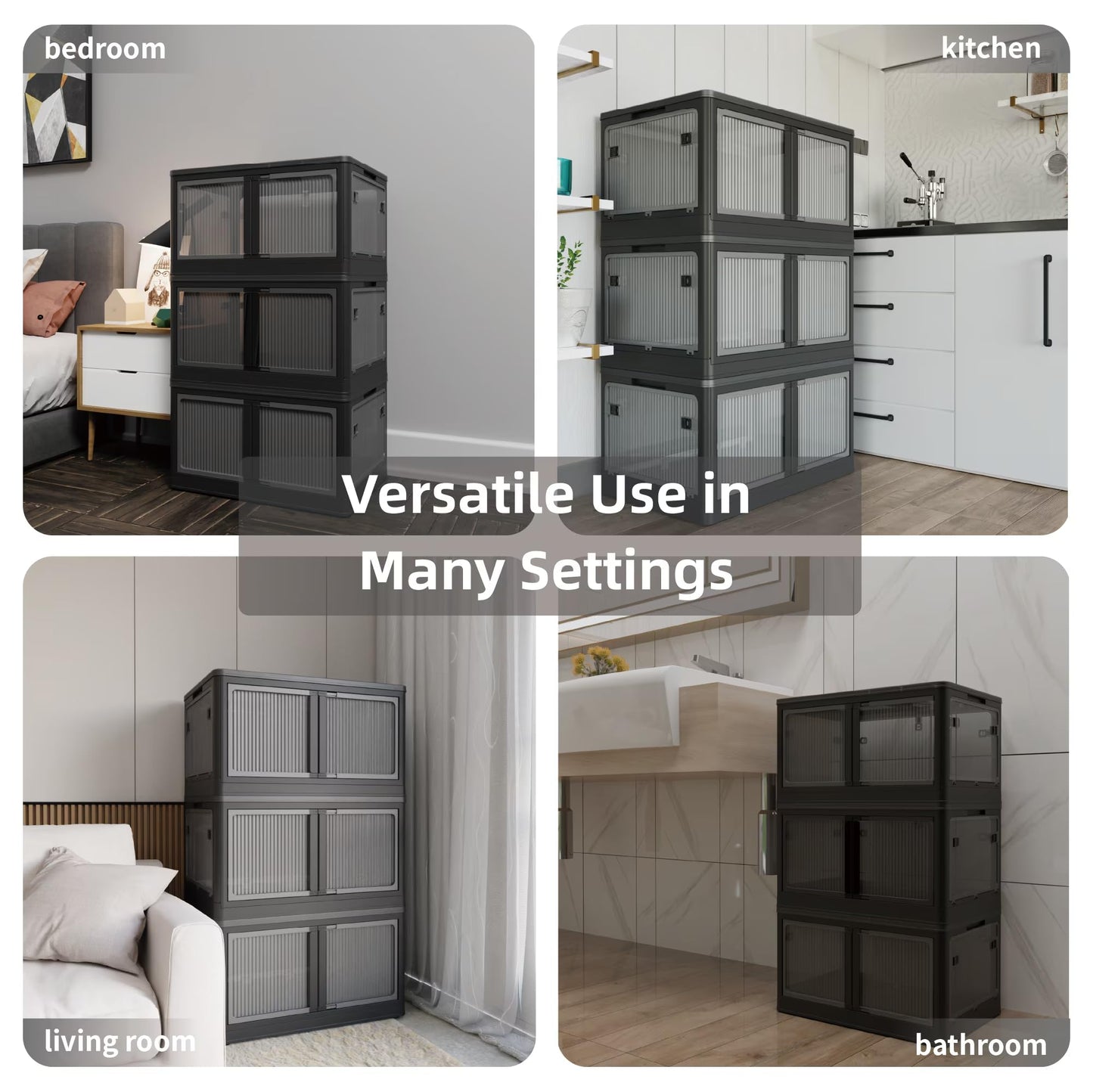 506QT 4-Pack Transparent Stackable Storage Bins with 5 Doors to Open with Wheels, Folding Plastic Craft Containers Large Closet Organizers Box for Bedrooms Living Rooms Study, Black