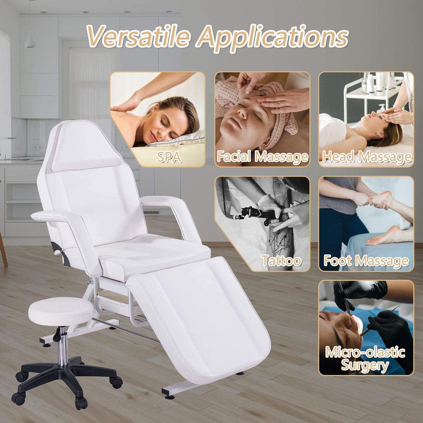 HeureuxBoBo Massage Salon Tattoo Chair, 3-in-1 Adjustable Facial Bed, Massage Table with Hydraulic Stool, Multi-Purpose Esthetician Bed for Beauty Spa, Barber, Lash & Tattoo Service