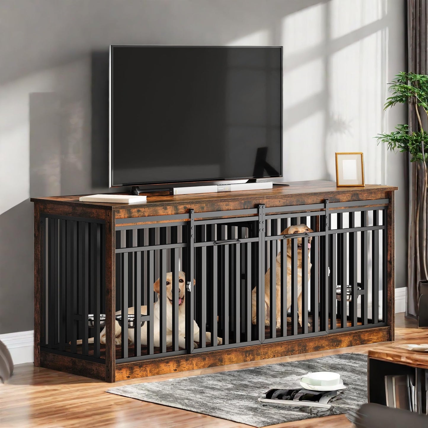 YITAHOME 71" Double Dog Crate Furniture with 4 Dog Bowls, Heavy Duty Wooden Dog Crate TV Stand, Dog Kennel Indoor Furniture Sliding Barn Door Design for Extra Large Dogs, Rustic Brown