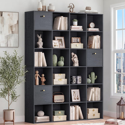 Modern Cube Storage Organizer, 24 Open Shelves Bookcase with 3 Storage Bins, Black Book Case with Wood Grain, Freestanding Shelf for Bedroom, Living Room, Home Office, Library, Wooden Large Book Shelf