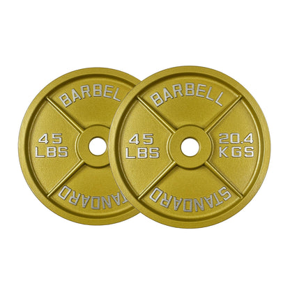 Gold Finish Olympic Steel Plates - Pairs and Sets 2 Inch Barbell Standard in Premium Gold for Weight Lifting (245lb Set)